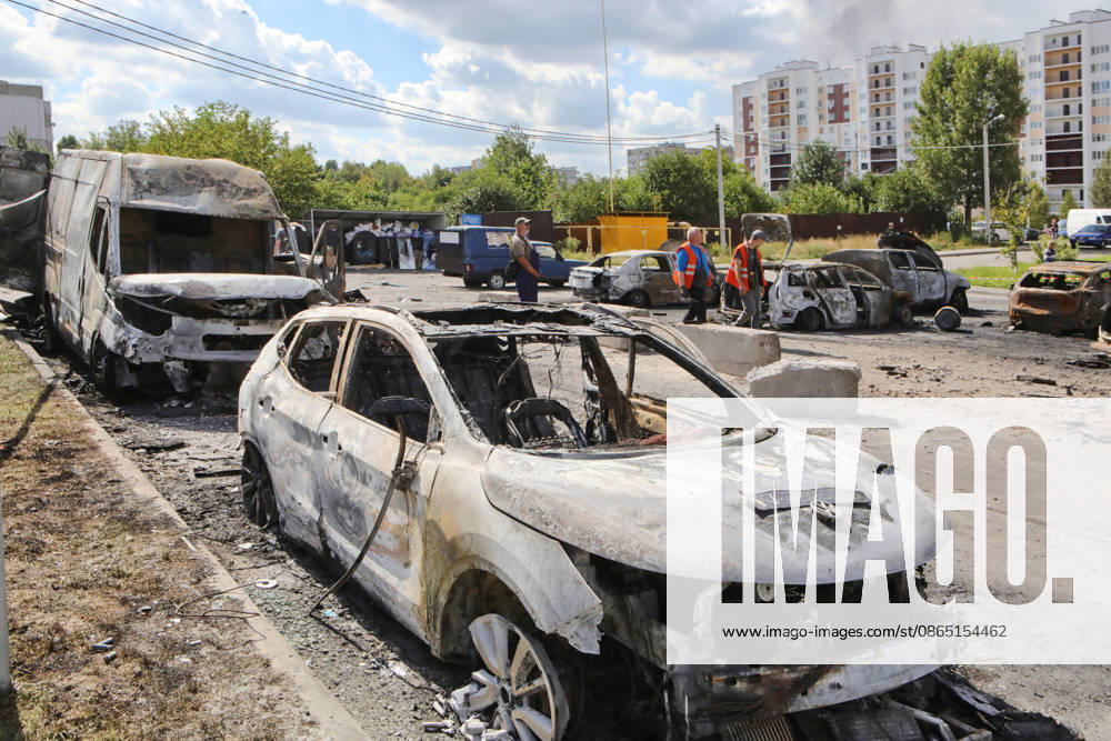 Burnt-out cars lie damaged after a Russian drone attack on Vyshneve, Bucha district, Kyiv region, Ukraine, August 28, 2026. A drone struck the courtyard of a residential complex, sparking a large-scale fire that destroyed more than a dozen civilian vehicles. The powerful shock wave shattered windows and damaged the facades of nearby high-rise buildings. One man was killed in the Bucha district in this morning’s attack, and another civilian sustained multiple shrapnel wounds.(Photo by Volodymyr Tarasov Ukrinform) Aftermath of Russian drone attack in Vyshneve in Kyiv region