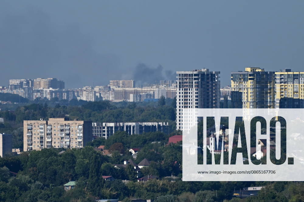 Smoke rises from fires in warehouses damaged by Russian drone strikes. Russian forces launched a massive attack on Kyiv region with drones, hitting warehouses. Vyshneve Ukraine - ZUMAs197 20260828_aaa_s197_028