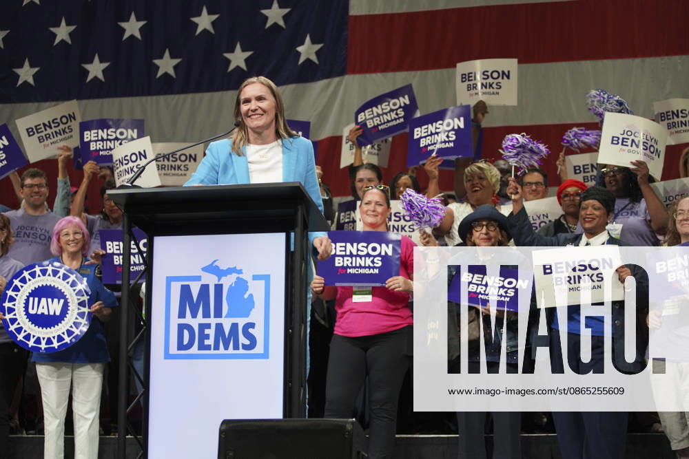 MI Democratic Party holds nominating convention LANSING, MICHIGAN, USA - AUGUST 29: Jocelyn Benson, Democratic nominee for Michgan Governors race, speaks at the Michgan Democratic Nominating Convention in Lansing MI, on August 29th, 2026. Katie McTiernan Anadolu Michigan United States. Editorial use only. Please get in touch for any other usage.
