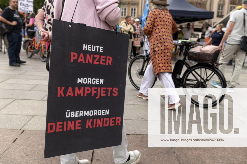 München Munich Germany 2nd September 2026 On the Marienplatz in the centre of the Bavarian city a peace demonstration and march takes place in the early evening. Heute Panzer. Morgen Kampfjets. übermorgen deine Kinder.