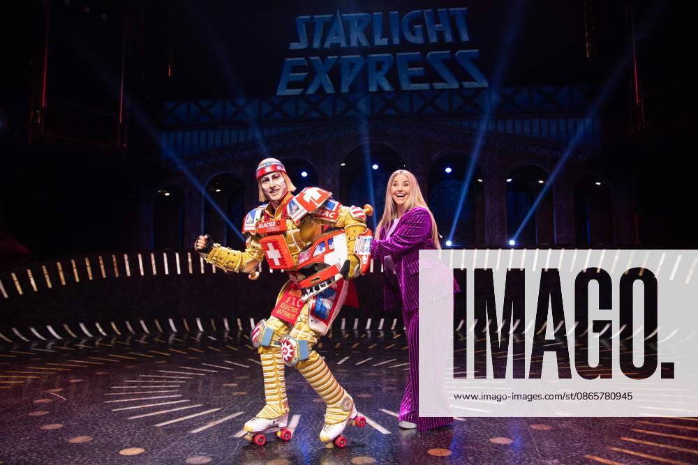 Singer Beatrice EGLI and singer Tom ROWLAND in the costumes of the Glacier Express’s new TICK TACK train, The musical Starlight Express in Bochum features the Swiss Glacier Express TICK TACK as a new train in the show; Starlight Express Theater in Bochum