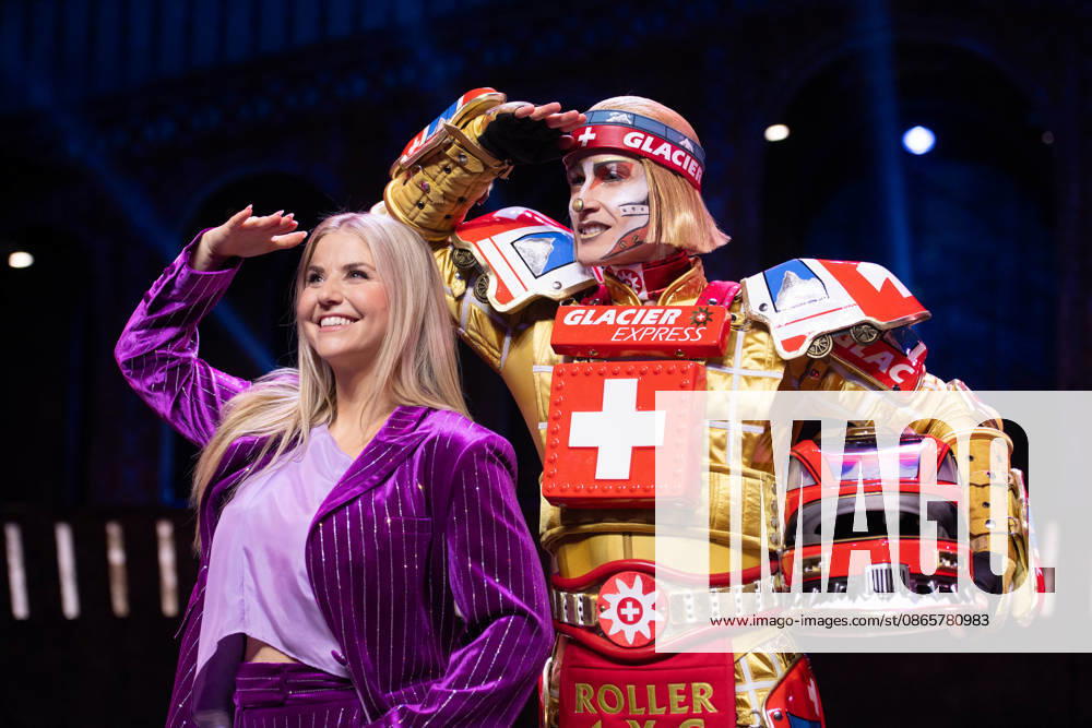 Singer Beatrice EGLI and singer Tom ROWLAND in the costumes of the Glacier Express’s new TICK TACK train, The musical Starlight Express in Bochum features the Swiss Glacier Express TICK TACK as a new train in the show; Starlight Express Theater in Bochum