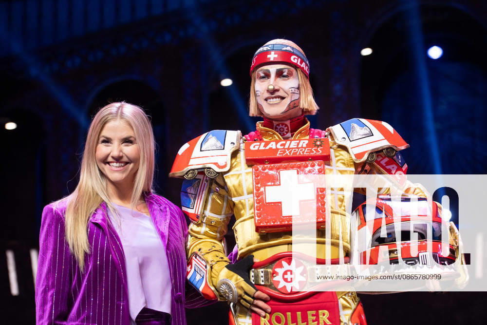 Singer Beatrice EGLI and singer Tom ROWLAND in the costumes of the Glacier Express’s new TICK TACK train, The musical Starlight Express in Bochum features the Swiss Glacier Express TICK TACK as a new train in the show; Starlight Express Theater in Bochum