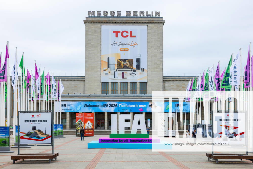 Highlights from IFA 2026 in Berlin, Germany, on September 3, 2026. 2026 3D IFA logo at the entrance to Messe Berlin