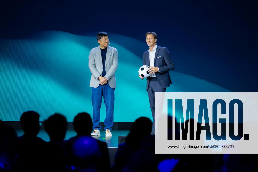 Hisense Press Conference at IFA Germany, Berlin, on September 3, 2026. Hanson Han, CEO of Hisense Europe, and Guillaume Sabran, Chief of Sponsorship and Licensing at UEFA, holding a soccer ball. Hisense is an official sponsor of the 2028 UEFA Euro soccer tournament in the UK and Ireland.