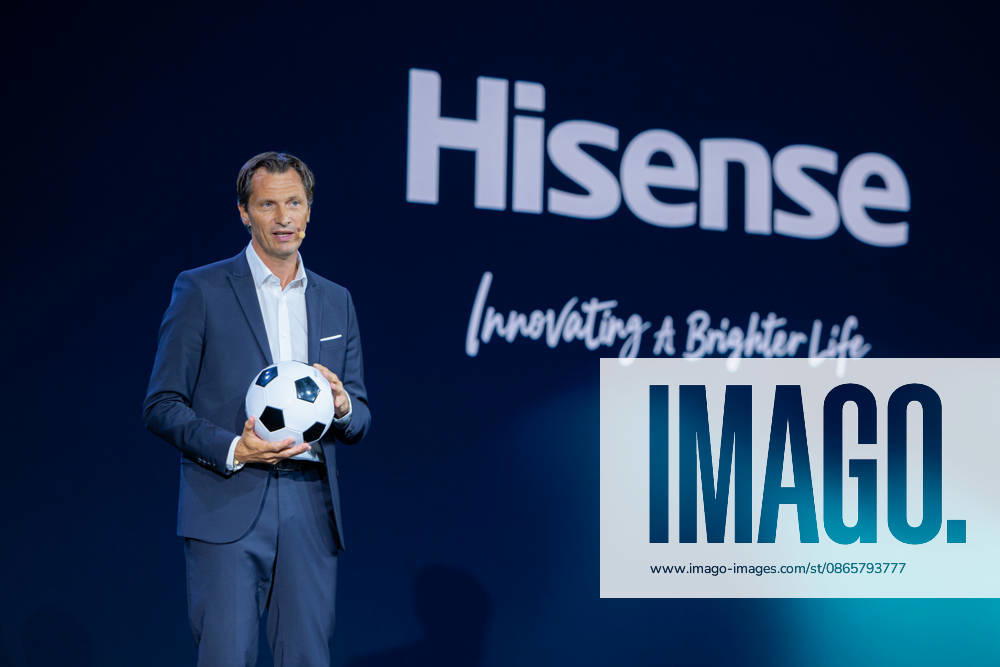 Hisense Press Conference at IFA Germany, Berlin, on September 3, 2026. Guillaume Sabran, Chief of Sponsorship Licensing at UEFA, holding a soccer ball. Hisense is an official sponsor of the 2028 UEFA Euro soccer tournament in the UK and Ireland.