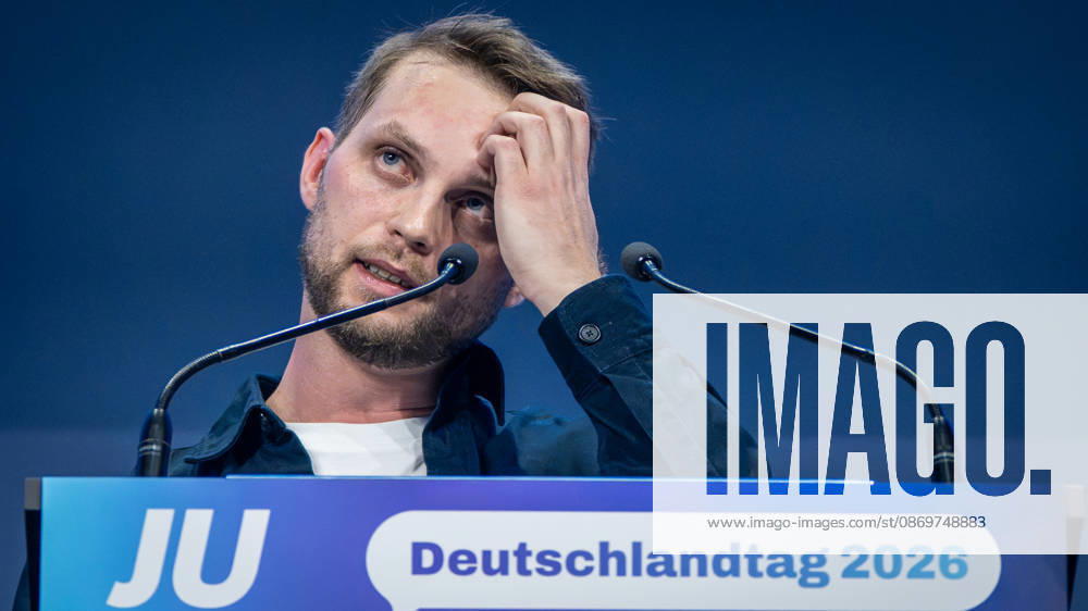 Kevin Gniosdorz, State Chairman of the JU in North Rhine-Westphalia, delivers his speech on the first day of the 78th Germany Day 2026 in Bonn. The Junge Union (JU) is the youth organization of the CDU and CSU. Bonn, North Rhine-Westphalia, Germany. World Conference Center Bonn