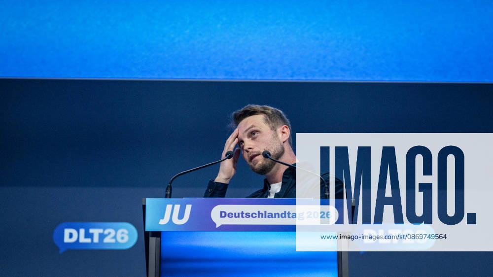 Kevin Gniosdorz, State Chairman of the JU in North Rhine-Westphalia, delivers his speech on the first day of the 78th Germany Day 2026 in Bonn. The Junge Union (JU) is the youth organization of the CDU and CSU. Bonn, North Rhine-Westphalia, Germany. World Conference Center Bonn