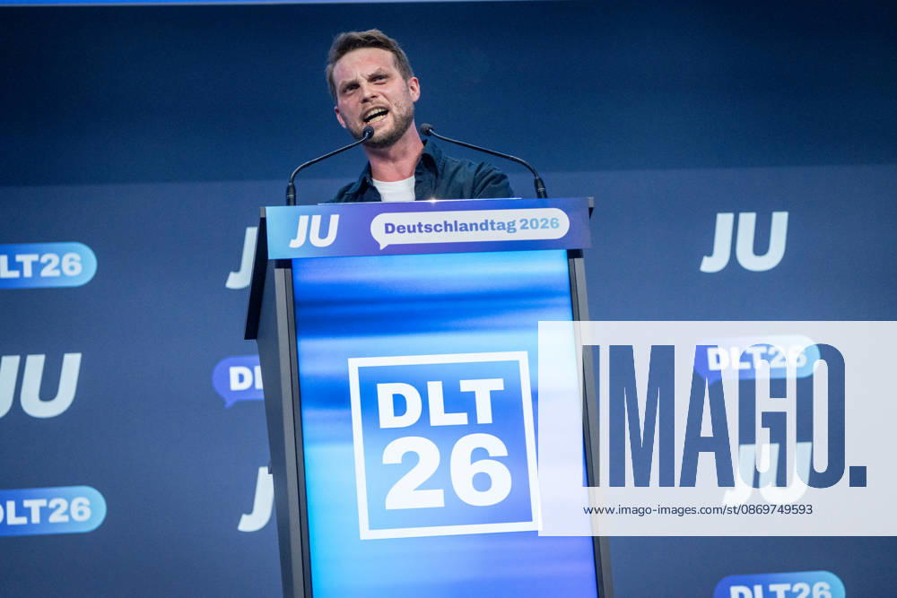 Kevin Gniosdorz, State Chairman of the JU in North Rhine-Westphalia, delivers his speech on the first day of the 78th Germany Day 2026 in Bonn. Junge Union (JU), the youth organization of the CDU and CSU, Bonn, North Rhine-Westphalia, Germany, World Conference Center Bonn