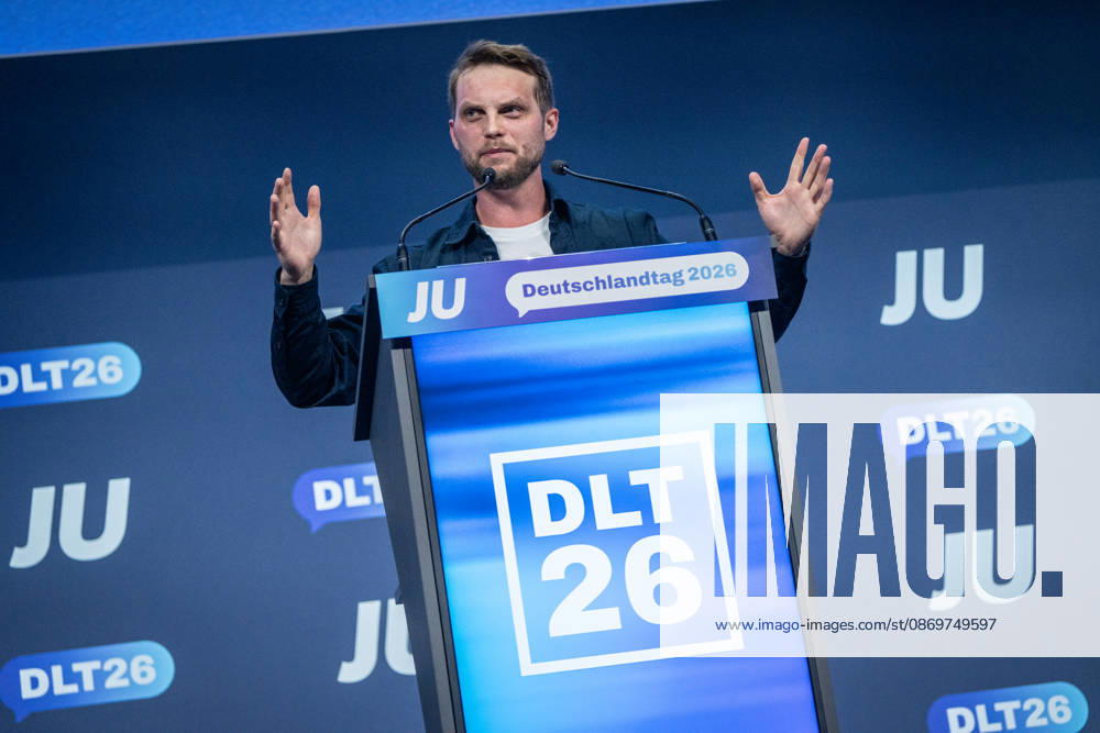 Kevin Gniosdorz, State Chairman of the JU in North Rhine-Westphalia, delivers his speech on the first day of the 78th Germany Day 2026 in Bonn. Junge Union (JU), the youth organization of the CDU and CSU, Bonn, North Rhine-Westphalia, Germany, World Conference Center Bonn