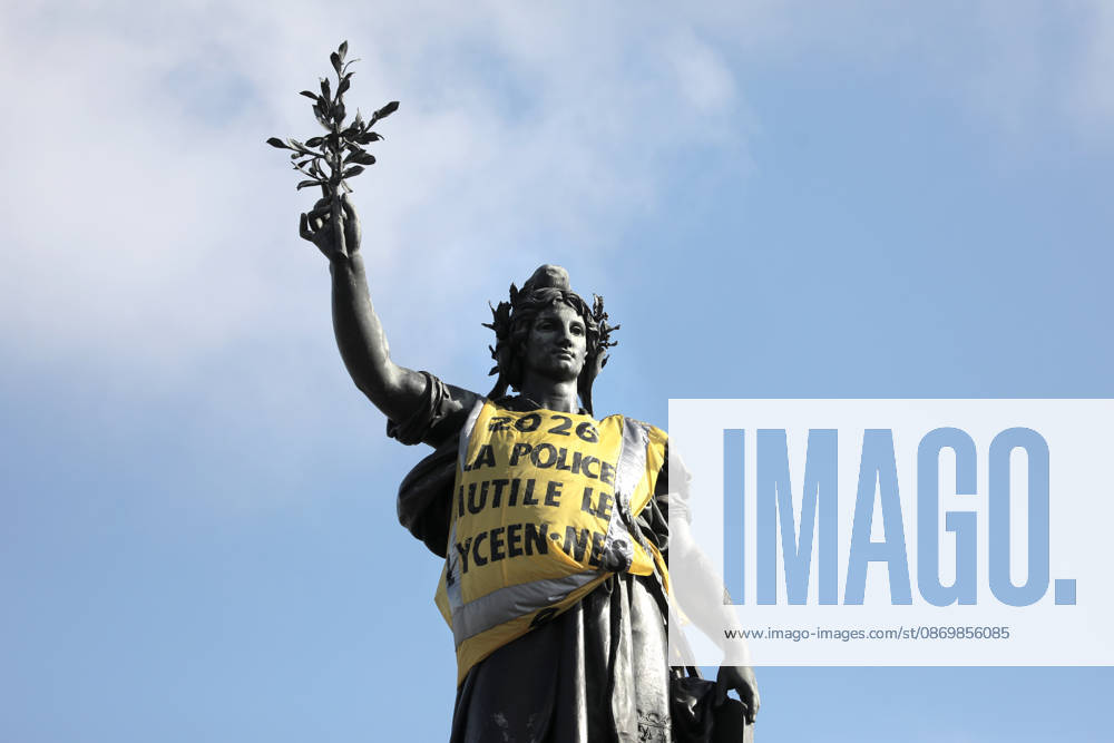 The statue of Marianne is clad in a yellow vest tagged with Ã‡Ãä2026 : The police maim high school studentsÃäÃˆ, at Republique Square in Paris, on Sunday, October 18, 2026. Residents awoke to scenes of widespread damage with shopfronts shattered, burnt out cars, charred bikes, and piles of glass and debris on the pavements of the French capital a day after riots erupted during protests against rising fuel prices, the cost of living and deteriorating public services, including schools. PAR20261018103 MAYAxVIDON-WHITE