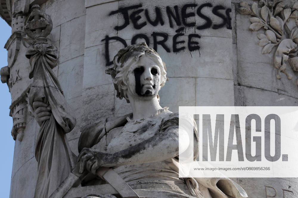 The eyes of a statue depicting equality have been blacked out at Republique Square in Paris, on Sunday, October 18, 2026. Residents awoke to scenes of widespread damage with shopfronts shattered, burnt out cars, charred bikes, and piles of glass and debris on the pavements of the French capital a day after riots erupted during protests against rising fuel prices, the cost of living and deteriorating public services, including schools. PAR20261018104 MAYAxVIDON-WHITE