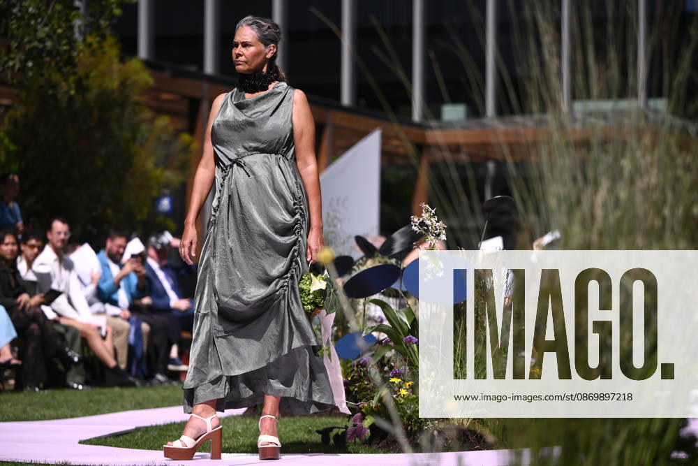MELBOURNE FASHION WEEK PREVIEW, A model walks the runway during a 2026 Melbourne Fashion Week Runway Preview, at Sky Park, Melbourne, Monday, October 19, 2026. The preview features a selection of the upcoming collections that will appear on M FW runways including designers OUT OF HAND x Lisa Waup, Ebony Noire, Van Ermel Scherer, Perple, Gotham, Wilson Jedd Adams, Asiyam, Atoir, NGALI, Kuwaii, HoMie, Collective Closets x Mariam Farah, TOJHÃÄ, Amy Cottrell, BAAQIY and Sean Rentero. ( NO ARCHIVING MELBOURNE VICTORIA Australia