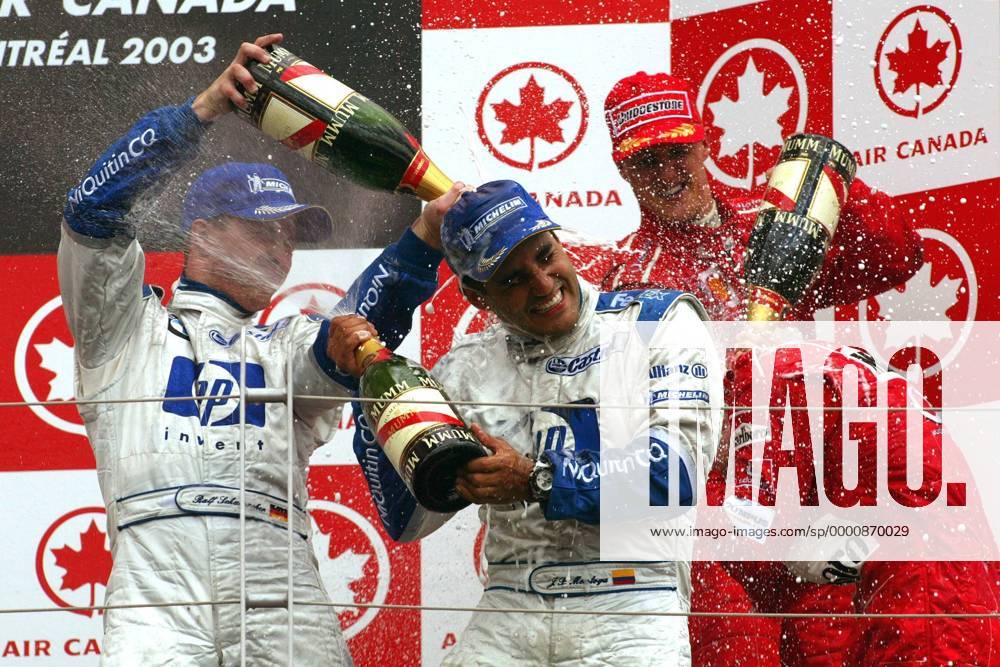 Siegerehrung beim Großen Preis von Kanada 2003: V.li.: Ralf Schumacher (Deutschland), Juan Pablo Montoya (Kolumbien beide BMW-Williams) und Michael Schumacher (Deutschland Ferrari) Motorsport Grand Prix Herren Großer Preis von Kanada 2003, Formel 1 Weltmeisterschaft, F1, F, GP, WM, Vdig Gruppe Montreal Freude,