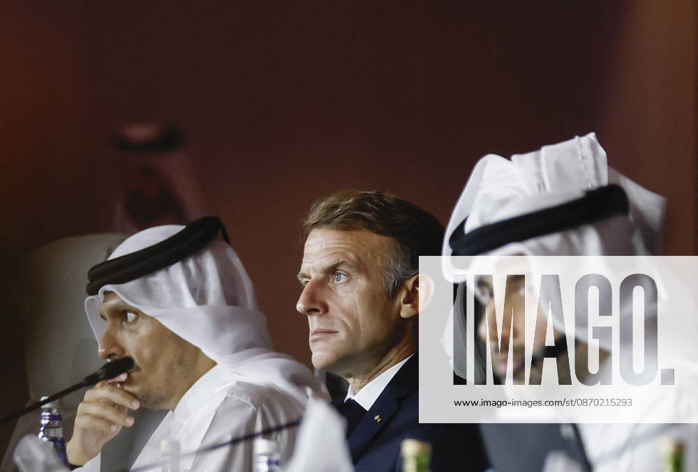 President Macron At The Opswf Summit During His Visit To Qatar French President Emmanuel Macron looks on alongside Qatari Prime Minister Sheikh Mohammed bin Abdulrahman Al Thani, as they attend the 9th Annual One Planet Sovereign Wealth Funds (OPSWF) Summit at the Rosewood Hotel in Lusail, Qatar, October 21, 2026. Photo by Benoit Tessier Pool ABACAPRESS.COM Lusail Qatar