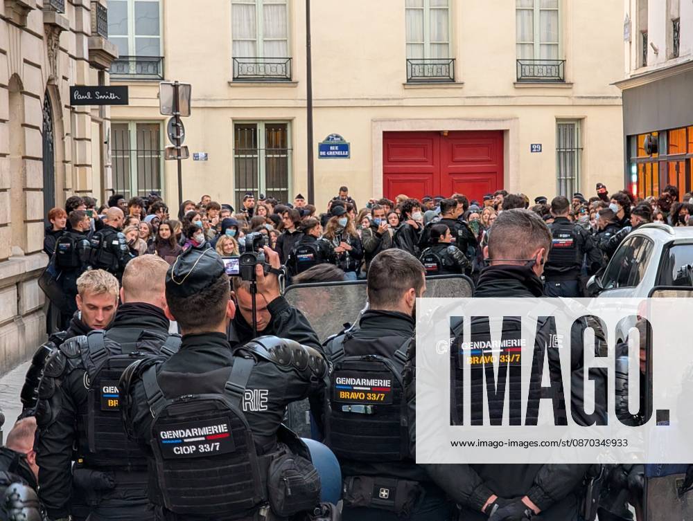 Students stage sit-in protest at Sciences Po Paris PARIS, FRANCE - OCTOBER 22: French gendarmerie officers form a security cordon as students stage a protest at Sciences Po Paris in Paris, France, on October 22, 2026. Officers holding riot shields face a crowd of protesters gathered on a street near the institution. Luc Auffret Anadolu Paris France. Editorial use only. Please get in touch for any other usage.