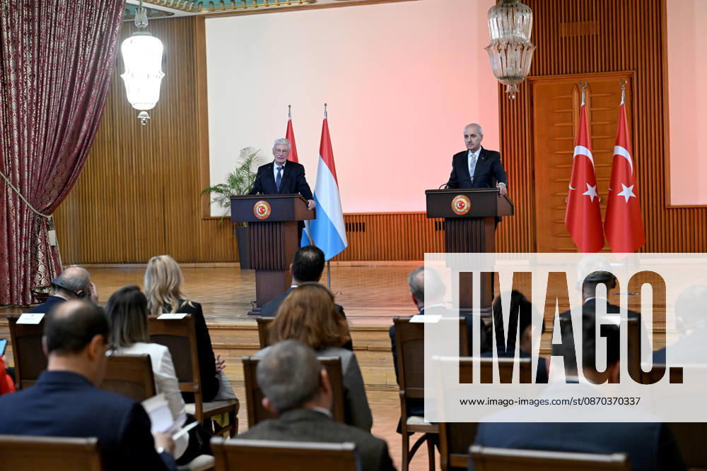 Turkish Parliament Speaker Numan Kurtulmus meets Luxembourg counterpart Claude Wiseler in Ankara ANKARA, TURKIYE - OCTOBER 22: Speaker of the Turkish Grand National Assembly (TBMM) Numan Kurtulmus (R) and President of Luxembourg s Chamber of Deputies Claude Wiseler (L) hold a joint press conference at the Turkish parliament s ceremonial hall following their meeting in Ankara, Turkiye, on October 22, 2026. Rasit Aydogan Anadolu Ankara Turkey. Editorial use only. Please get in touch for any other usage.