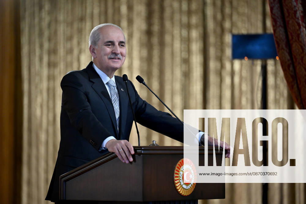 Turkish Parliament Speaker Numan Kurtulmus meets Luxembourg counterpart Claude Wiseler in Ankara ANKARA, TURKIYE - OCTOBER 22: Speaker of the Turkish Grand National Assembly (TBMM) Numan Kurtulmus speaks during a joint press conference with President of Luxembourg s Chamber of Deputies Claude Wiseler at the Turkish parliament s ceremonial hall following their meeting in Ankara, Turkiye, on October 22, 2026. Rasit Aydogan Anadolu Ankara Turkey. Editorial use only. Please get in touch for any other usage.