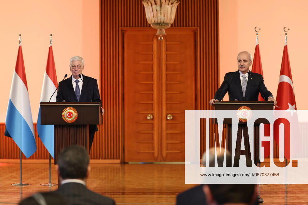 Speaker of the Turkish Parliament Numan Kurtulmus meets Luxembourg Counterpart Claude Wiseler in Ankara ANKARA, TURKIYE - OCTOBER 22: (---- - MANDATORY CREDIT - TURKISH GRAND NATIONAL ASSEMBLY HANDOUT - NO MARKETING NO ADVERTISING CAMPAIGNS - DISTRIBUTED AS A SERVICE TO CLIENTS----) Speaker of the Grand National Assembly of Turkiye Numan Kurtulmus and Claude Wiseler, President of the Chamber of Deputies of Luxembourg, hold a joint press conference after their meeting at the Turkish Grand National Assembly in Ankara, Turkiye on October 22, 2026. Turkish Grand National Assembly Anadolu Ankara Turkey. Editorial use only. Please get in touch for any other usage.