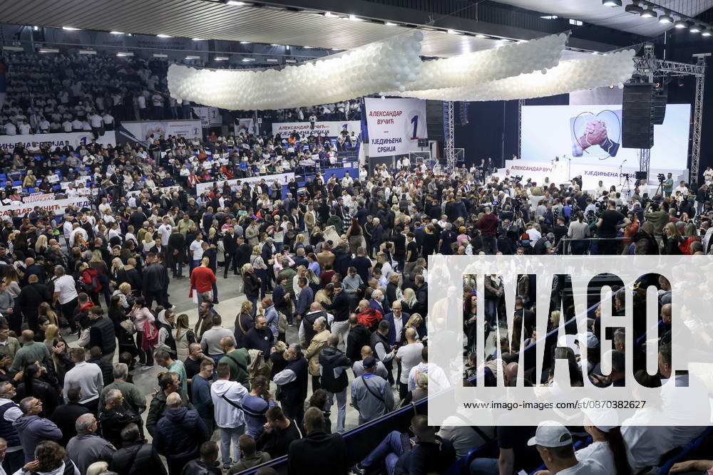 SERBIA, BELGRADE - OCTOBER 22, 2026: People attend a rally at the Ranko Zeravica Sports Hall in support of Serbia s former President Aleksandar Vucic ahead of the 2026 Serbian parliamentary election scheduled for October 25. Vucic will head the list of the ruling Serbian Progressive Party (SNS) and run as its prime ministerial candidate. Alexander Ryumin TASS 99766531