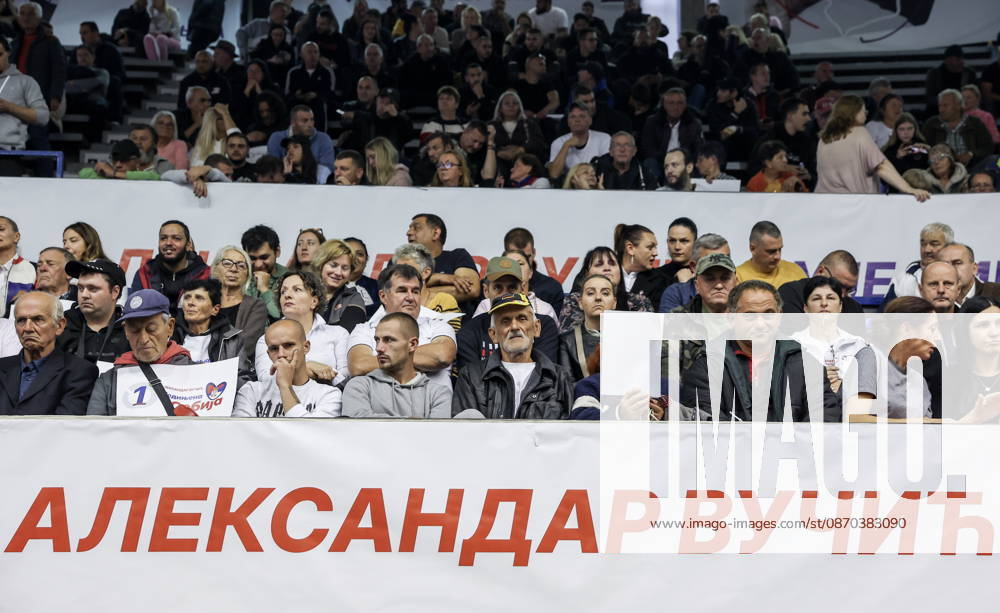 SERBIA, BELGRADE - OCTOBER 22, 2026: People attend a rally at the Ranko Zeravica Sports Hall in support of Serbia s former President Aleksandar Vucic ahead of the 2026 Serbian parliamentary election scheduled for October 25. Vucic will head the list of the ruling Serbian Progressive Party (SNS) and run as its prime ministerial candidate. Alexander Ryumin TASS 99766485