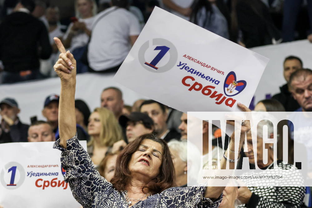 SERBIA, BELGRADE - OCTOBER 22, 2026: People attend a rally at the Ranko Zeravica Sports Hall in support of Serbia s former President Aleksandar Vucic ahead of the 2026 Serbian parliamentary election scheduled for October 25. Vucic will head the list of the ruling Serbian Progressive Party (SNS) and run as its prime ministerial candidate Belgrade Serbia - ZUMAt113 20261022_zaa_t113_504