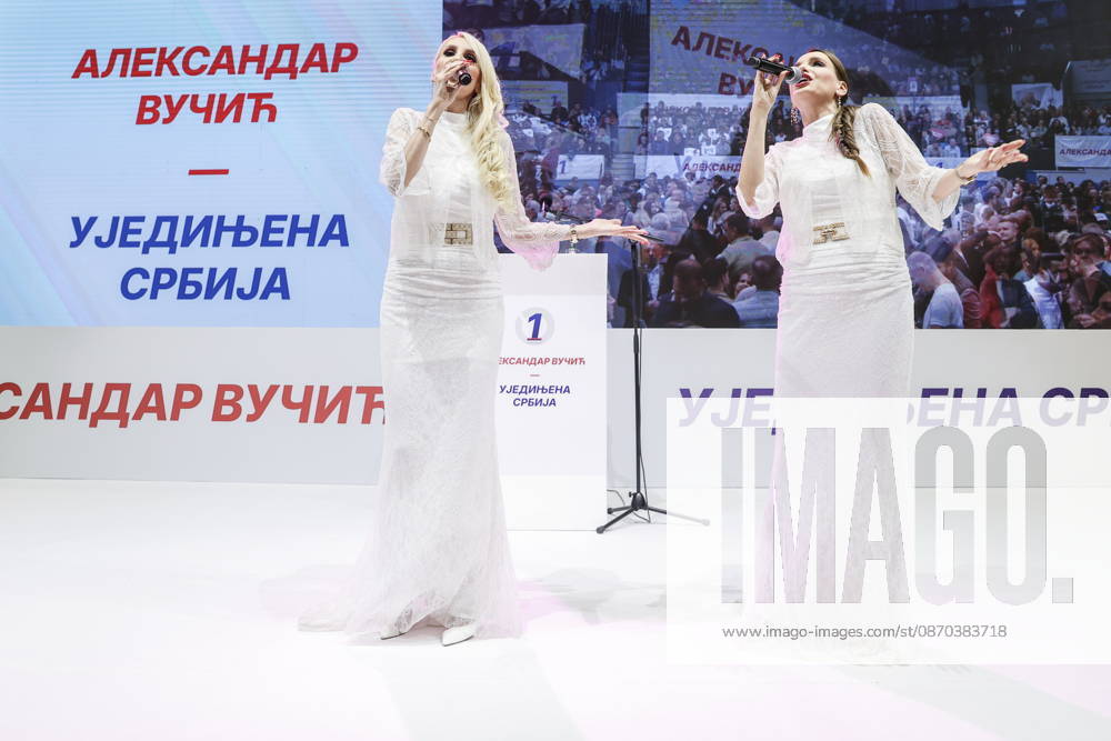 SERBIA, BELGRADE - OCTOBER 22, 2026: Women perform during a rally at the Ranko Zeravica Sports Hall in support of Serbia s former President Aleksandar Vucic ahead of the 2026 Serbian parliamentary election scheduled for October 25. Vucic will head the list of the ruling Serbian Progressive Party (SNS) and run as its prime ministerial candidate Belgrade Serbia - ZUMAt113 20261022_zaa_t113_511