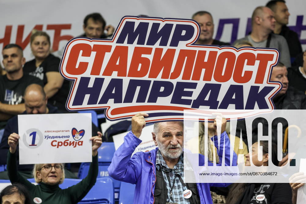 SERBIA, BELGRADE - OCTOBER 22, 2026: People attend a rally at the Ranko Zeravica Sports Hall in support of Serbia s former President Aleksandar Vucic ahead of the 2026 Serbian parliamentary election scheduled for October 25. Vucic will head the list of the ruling Serbian Progressive Party (SNS) and run as its prime ministerial candidate Belgrade Serbia - ZUMAt113 20261022_zaa_t113_521