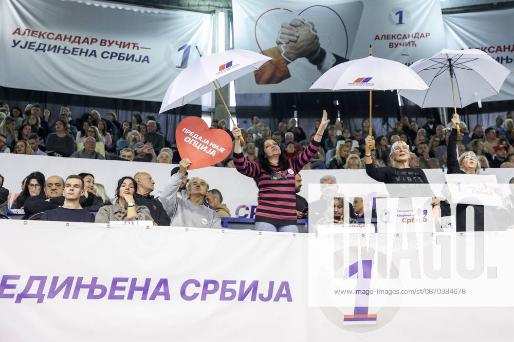 SERBIA, BELGRADE - OCTOBER 22, 2026: People attend a rally at the Ranko Zeravica Sports Hall in support of Serbia s former President Aleksandar Vucic ahead of the 2026 Serbian parliamentary election scheduled for October 25. Vucic will head the list of the ruling Serbian Progressive Party (SNS) and run as its prime ministerial candidate Belgrade Serbia - ZUMAt113 20261022_zaa_t113_526