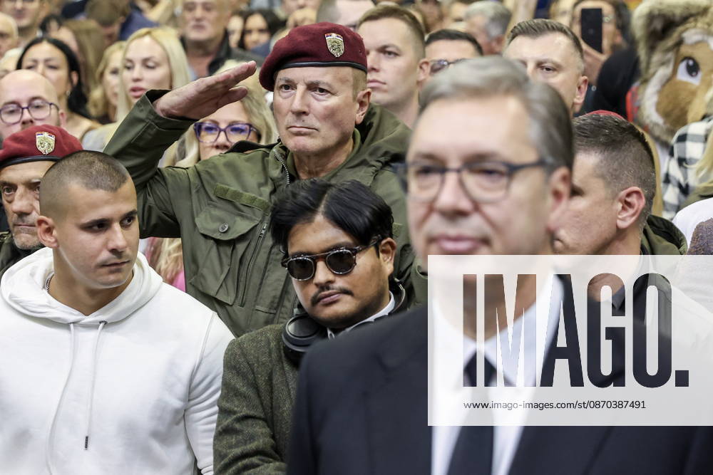 SERBIA, BELGRADE - OCTOBER 22, 2026: Serbia s former President Aleksandar Vucic (R front) attends a rally at the Ranko Zeravica Sports Hall ahead of the 2026 Serbian parliamentary election scheduled for October 25. Vucic will head the list of the ruling Serbian Progressive Party (SNS) and run as its prime ministerial candidate. Alexander Ryumin TASS 99768651