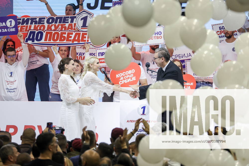 SERBIA, BELGRADE - OCTOBER 22, 2026: Serbia s former President Aleksandar Vucic (R) attends a rally at the Ranko Zeravica Sports Hall ahead of the 2026 Serbian parliamentary election scheduled for October 25. Vucic will head the list of the ruling Serbian Progressive Party (SNS) and run as its prime ministerial candidate Belgrade Serbia - ZUMAt113 20261022_zaa_t113_540