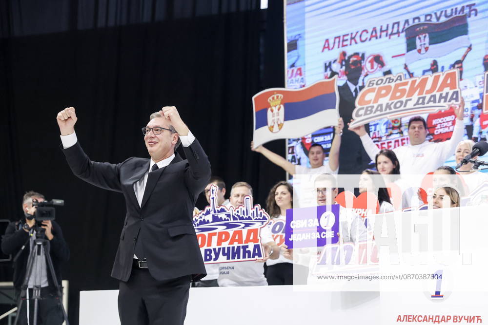 SERBIA, BELGRADE - OCTOBER 22, 2026: Serbia s former President Aleksandar Vucic (L front) attends a rally at the Ranko Zeravica Sports Hall ahead of the 2026 Serbian parliamentary election scheduled for October 25. Vucic will head the list of the ruling Serbian Progressive Party (SNS) and run as its prime ministerial candidate Belgrade Serbia - ZUMAt113 20261022_zaa_t113_543