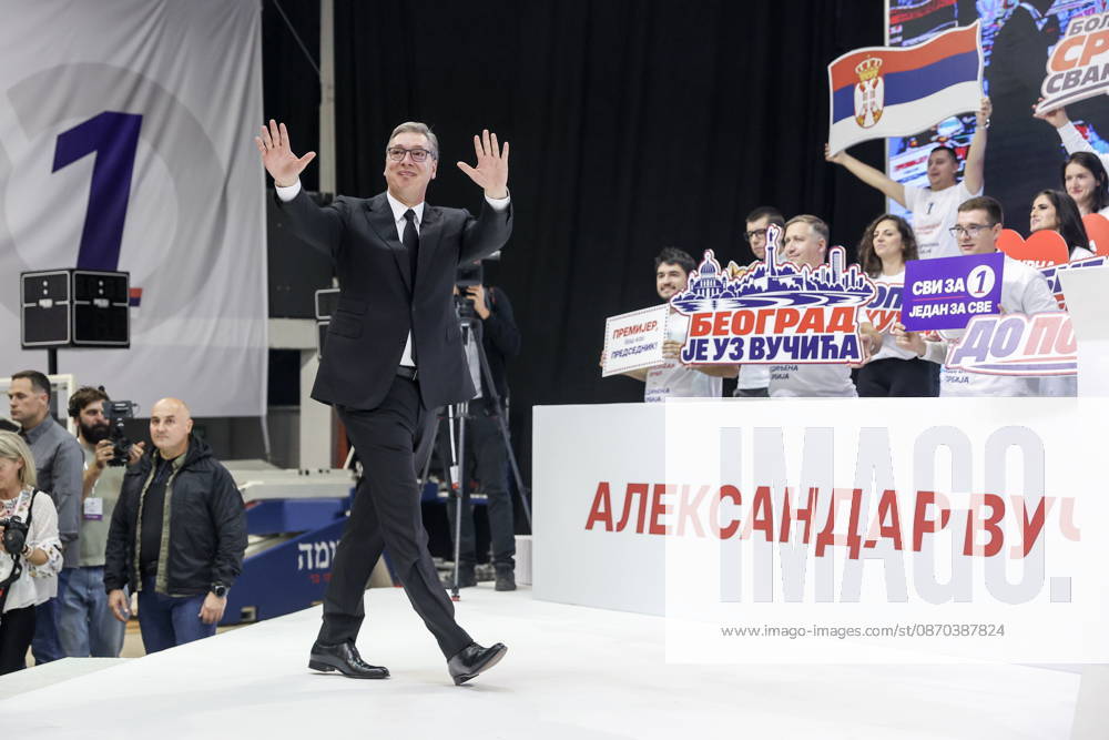SERBIA, BELGRADE - OCTOBER 22, 2026: Serbia s former President Aleksandar Vucic (L front) attends a rally at the Ranko Zeravica Sports Hall ahead of the 2026 Serbian parliamentary election scheduled for October 25. Vucic will head the list of the ruling Serbian Progressive Party (SNS) and run as its prime ministerial candidate Belgrade Serbia - ZUMAt113 20261022_zaa_t113_544