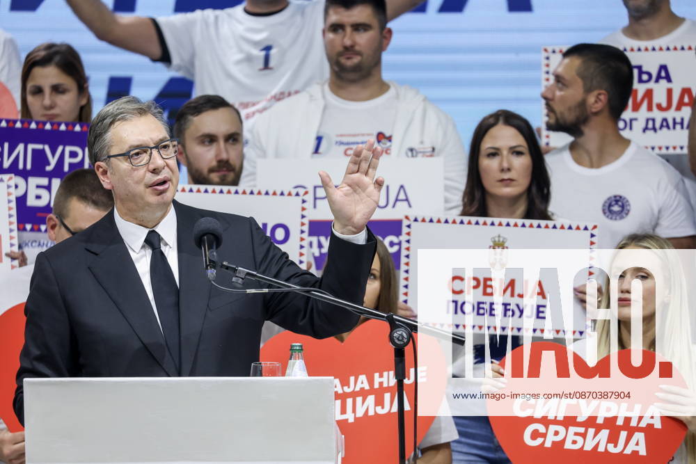SERBIA, BELGRADE - OCTOBER 22, 2026: Serbia s former President Aleksandar Vucic (L) speaks at a rally at the Ranko Zeravica Sports Hall ahead of the 2026 Serbian parliamentary election scheduled for October 25. Vucic will head the list of the ruling Serbian Progressive Party (SNS) and run as its prime ministerial candidate. Alexander Ryumin TASS 99769897