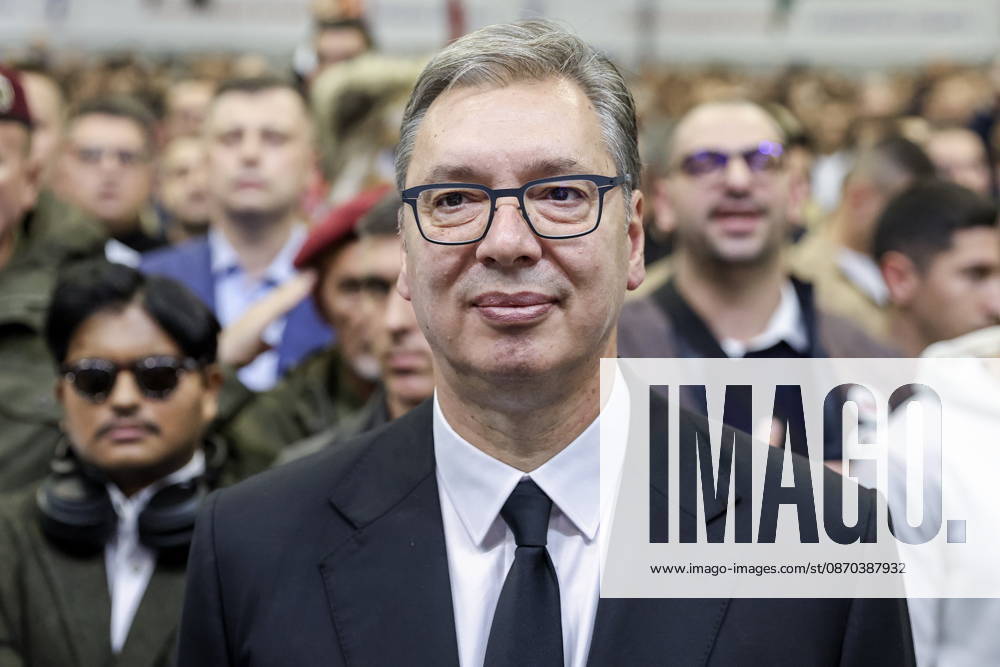 SERBIA, BELGRADE - OCTOBER 22, 2026: Serbia s former President Aleksandar Vucic (C) attends a rally at the Ranko Zeravica Sports Hall ahead of the 2026 Serbian parliamentary election scheduled for October 25. Vucic will head the list of the ruling Serbian Progressive Party (SNS) and run as its prime ministerial candidate. Alexander Ryumin TASS 99769900