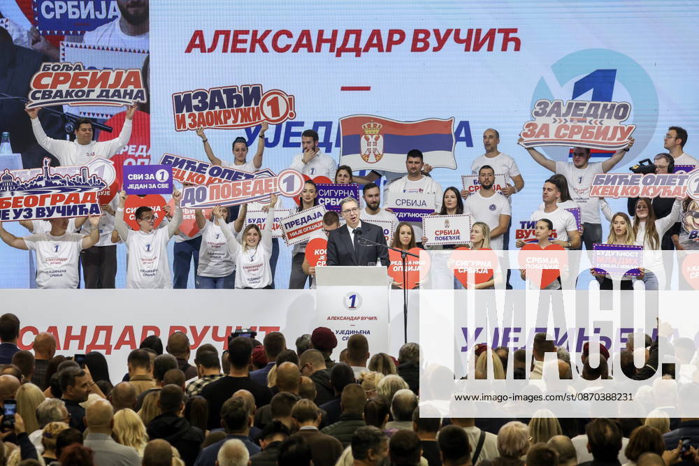 SERBIA, BELGRADE - OCTOBER 22, 2026: Serbia s former President Aleksandar Vucic (C) speaks at a rally at the Ranko Zeravica Sports Hall ahead of the 2026 Serbian parliamentary election scheduled for October 25. Vucic will head the list of the ruling Serbian Progressive Party (SNS) and run as its prime ministerial candidate Belgrade Serbia - ZUMAt113 20261022_zaa_t113_545