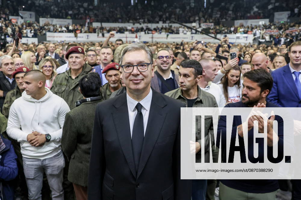 SERBIA, BELGRADE - OCTOBER 22, 2026: Serbia s former President Aleksandar Vucic (C) attends a rally at the Ranko Zeravica Sports Hall ahead of the 2026 Serbian parliamentary election scheduled for October 25. Vucic will head the list of the ruling Serbian Progressive Party (SNS) and run as its prime ministerial candidate Belgrade Serbia - ZUMAt113 20261022_zaa_t113_547