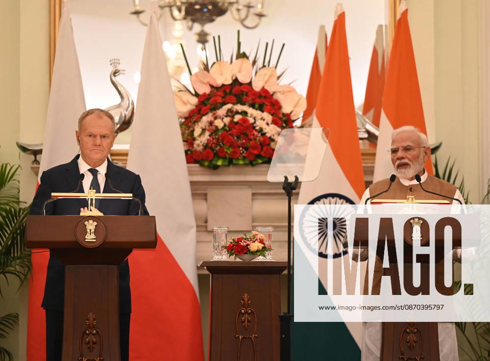 Prime Minister Narendra Modi (R) and Prime Minister of Poland Donald Tusk (L) address a joint press statement following delegation-level bilateral talks at Hyderabad House on October 22, 2026 in New Delhi, India. The high-level meeting marked Polish Prime Minister Tusk s official visit to India from October 21-23, 2026 his first visit to the country as Prime Minister since 2010 aimed at advancing the India-Poland Strategic Partnership and deepening India-EU strategic ties. During wide-ranging discussions, both leaders reviewed bilateral cooperation across key sectors including trade, technology, defense-industrial collaboration, and energy, while reaffirming joint commitment toward peaceful diplomatic solution