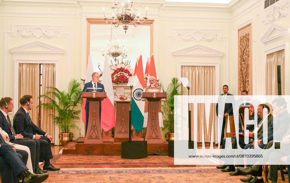 Prime Minister Narendra Modi (R) and Prime Minister of Poland Donald Tusk (L) address a joint press statement following delegation-level bilateral talks at Hyderabad House on October 22, 2026 in New Delhi, India. The high-level meeting marked Polish Prime Minister Tusk s official visit to India from October 21-23, 2026 his first visit to the country as Prime Minister since 2010 aimed at advancing the India-Poland Strategic Partnership and deepening India-EU strategic ties. During wide-ranging discussions, both leaders reviewed bilateral cooperation across key sectors including trade, technology, defense-industrial collaboration, and energy, while reaffirming joint commitment toward peaceful diplomatic solution