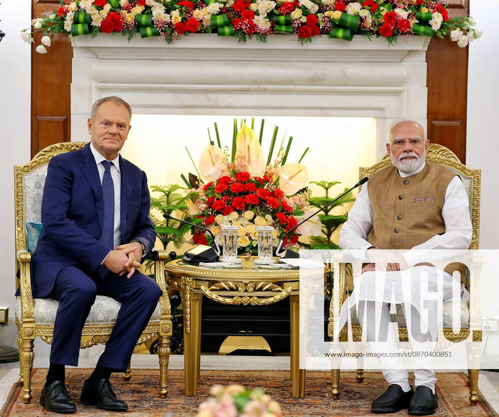 India-Poland Bilateral Meeting at Hyderabad House New Delhi, Oct 22 (ANI): Prime Minister Narendra Modi and his Polish counterpart, Donald Tusk during a Bilateral Meeting, at Hyderabad House, in New Delhi on Thursday. (Narendra Modi Photo Gallery ANI Photo) New Delhi Delhi India