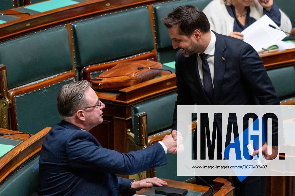 Prime Minister Bart De Wever and MR s Georges-Louis Bouchez pictured during a plenary session of the Chamber at the federal parliament in Brussels, Thursday 22 October 2026. NICOLASxMAETERLINCK 190672397
