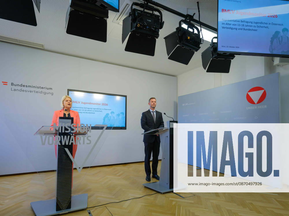 Press Conference on the BMLV Youth Monitor 2026—Federal Minister of Defense Klaudia Tanner (ÖVP) and Head of the Strategic Market and Opinion Research Division at the BMLV, Wolfgang Prinz, on October 23, 2026, at the press conference on the topic What Do Youth Think About the Austrian Armed Forces at the Rossauer Barracks in Vienna, Vienna, Austria