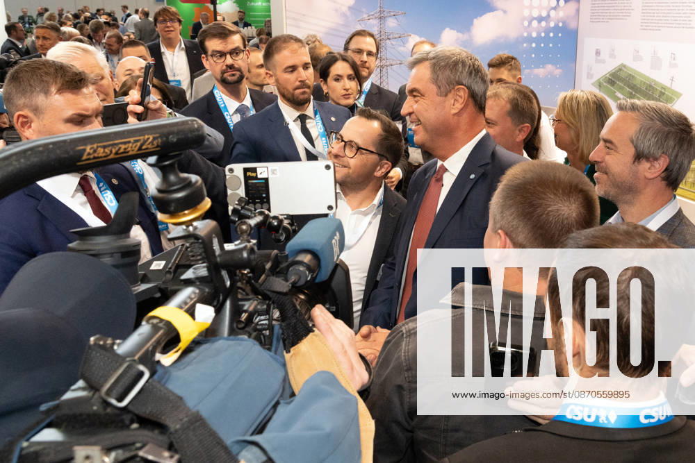 Markus Söder, Minister-President of Bavaria, surrounded by media representatives, fans, and security personnel, upon his arrival at the CSU Party Convention, Messe München, October 23, 2026, Germany, Munich, October 23, 2026, Markus Söder, Minister-President of Bavaria, upon arrival, surrounded by medi