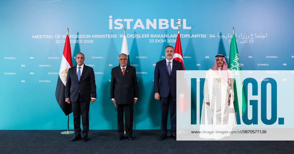 Foreign Ministers Attend R4-E4 Ministerial Meeting in Istanbul Foreign ministers from Egypt, Saudi Arabia, Turkey and Pakistan, alongside their counterparts from Italy, the United Kingdom, Germany and France, attend the first joint ministerial meeting of the R4 and E4 groups in Istanbul, Turkey, on October 23, 2026. The meeting focuses on supporting efforts to de-escalate tensions in the Middle East and strengthening diplomatic coordination to address regional crises. Photo by Egyptian Foreign Minister Office apaimages Cairo Cairo Egypt 231026_Turkey_EPO_00(1)