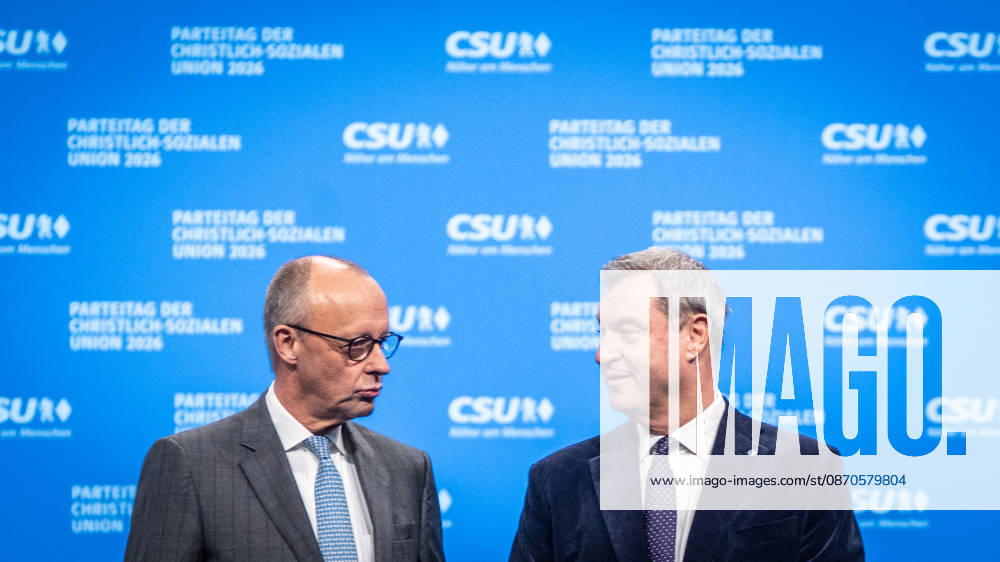 Chancellor Friedrich Merz with CSU Party Chairman Markus Söder at the CSU Party Convention in Munich, Munich, Bavaria, Germany, Munich Trade Fair Grounds