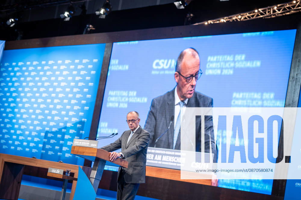 Chancellor Friedrich Merz speaks at the CSU Party Convention in Munich; CSU Party Convention in Munich, Munich, Bavaria, Germany; Munich Trade Fair Grounds