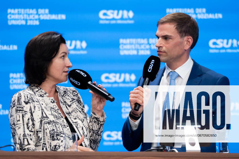 Munich, Bavaria, Germany October 24, 2026: Day 2 of the 2026 CSU (Christian Social Union) Party Convention at the Munich Trade Fair Center. Dorothee Bär (Member of the Bundestag, Federal Minister of Research, Technology, and Space of the Federal Republic of Germany) and Maximilian Böltl (Member of the State Parliament) on stage
