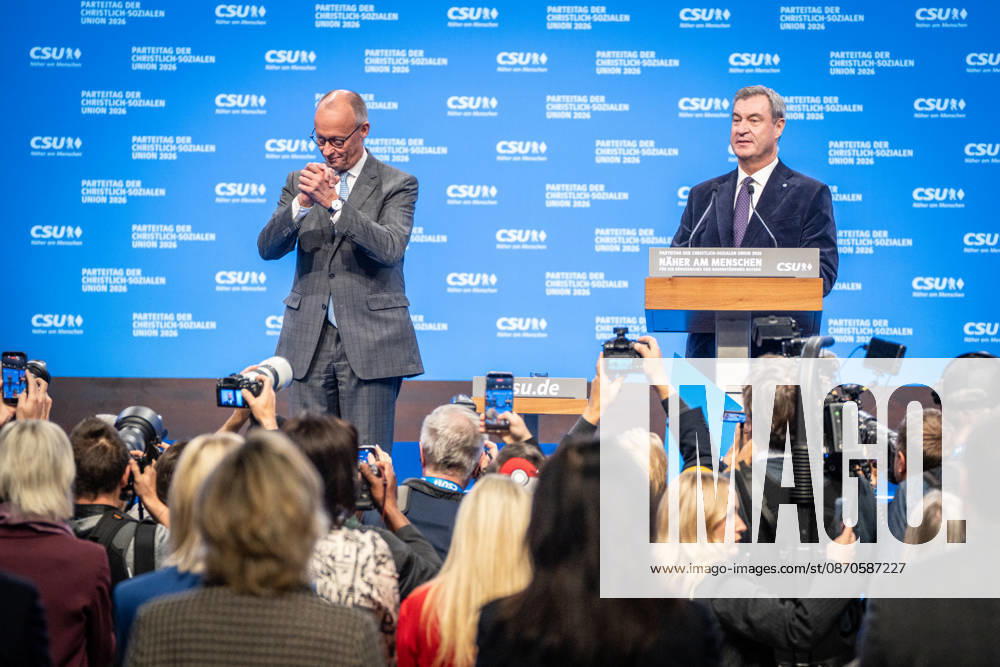 Chancellor Friedrich Merz with CSU Party Chairman Markus Söder at the CSU Party Convention in Munich, Munich, Bavaria, Germany, Munich Trade Fair Grounds
