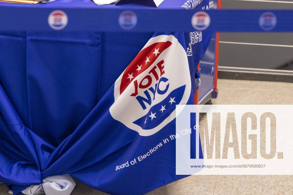 A table cover is labeled VOTE NYC at the Borough of Manhattan Community College polling site in Tribeca where lower Manhattan residents vote on the first day of early voting for the midterm elections in New York. New York USA - ZUMAr174 20261024_znp_r174_023