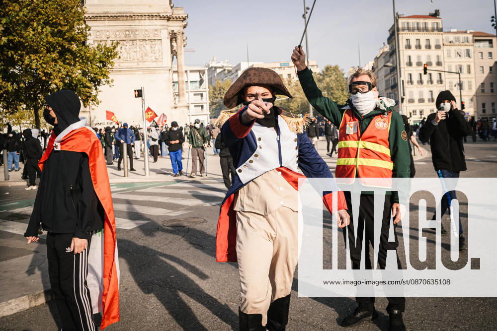 Marseille France Street Protests A costumed demonstrator takes part in a protest in Marseille, France on October 24, 2026. Authorities deployed around 70,000 security personnel across France for renewed protests over the cost of living, after unrest a week earlier saw public buildings damaged, hundreds of shops looted and about 2,700 people arrested. Marseille Provence-Alpes-CÃ te France